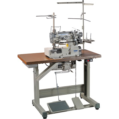 KW-2157 3-Needle, 5 Thread, Flat Bed, Interlock Stitch Machine with Attaching Elastic / Lace Complete with Fabric Trimmer and Metering Device